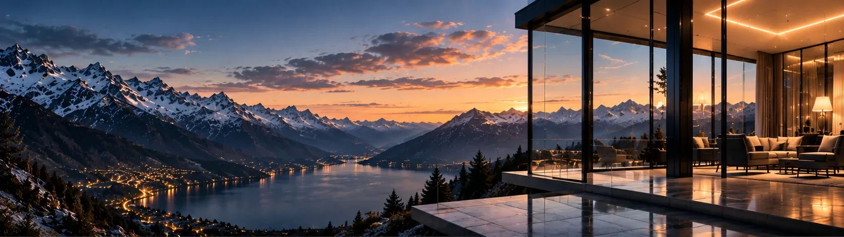 Moderne Glasvilla mit Blick auf Berge und See bei Dämmerung